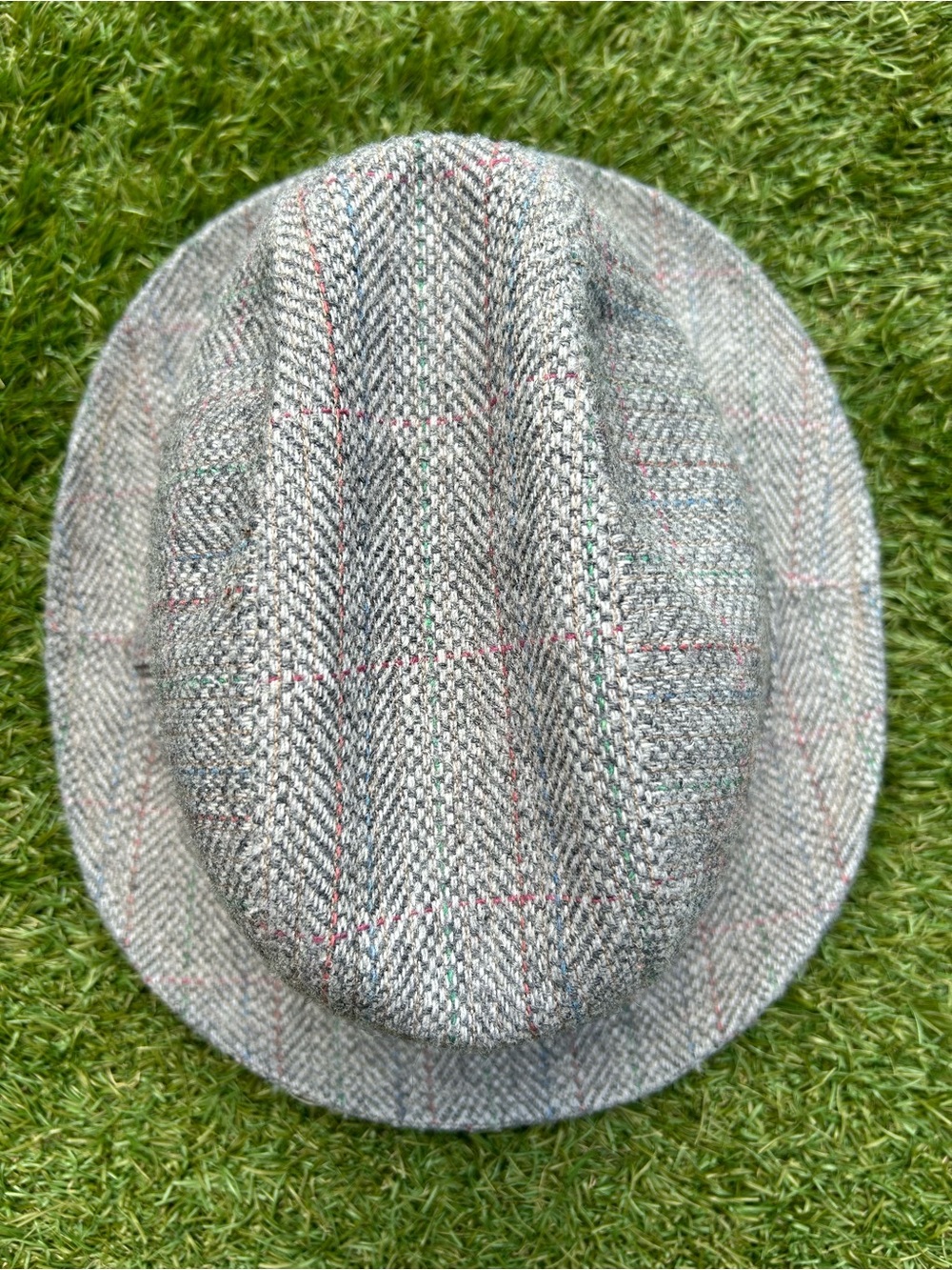 Gray Tweed Fedora with Red & Green Windowpane Detail